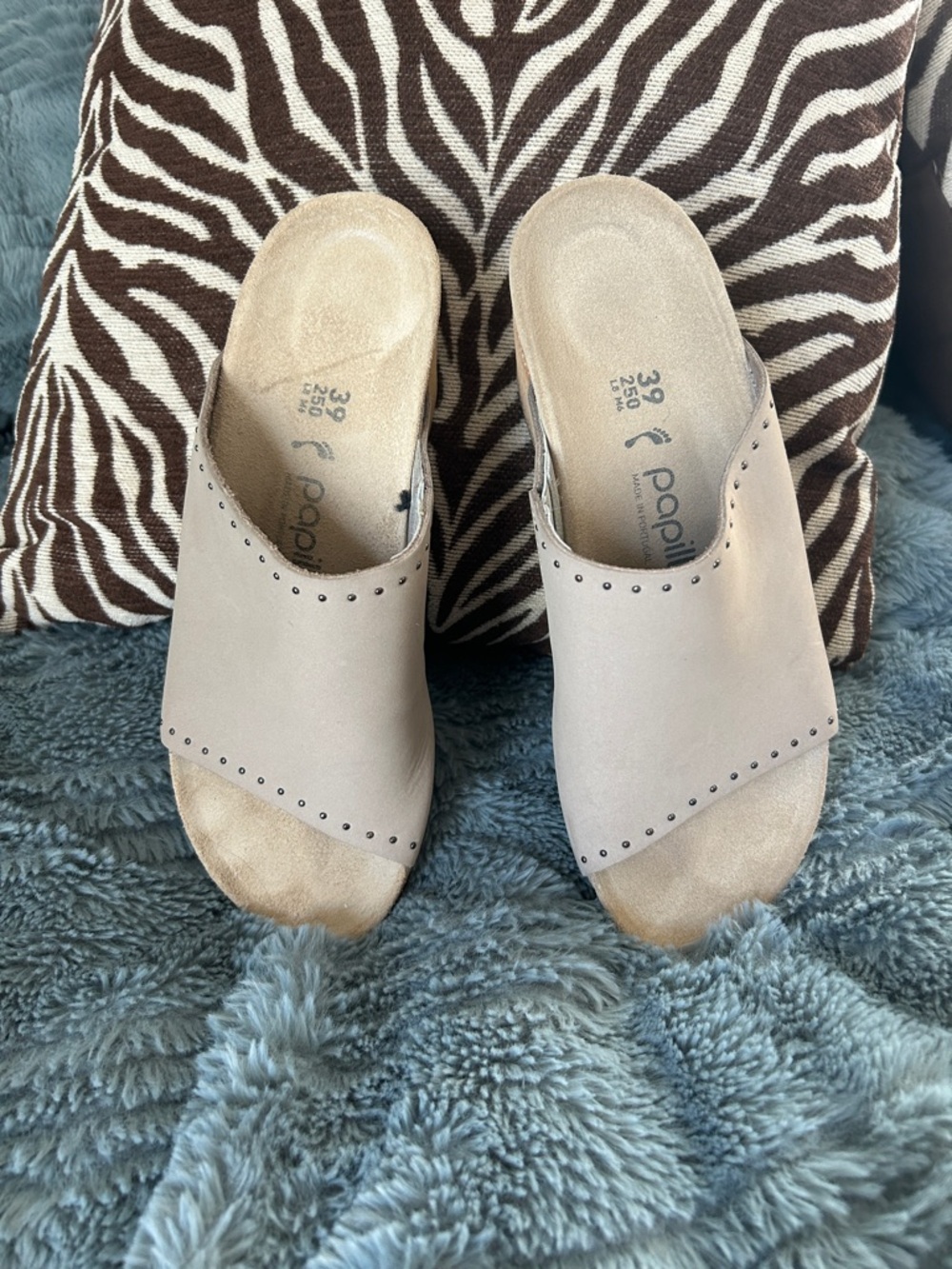Papillio Women’s Taupe Open-Toe Slide Mules with Stud Detail